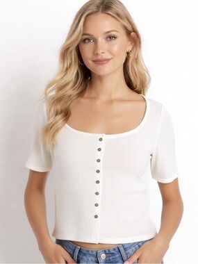 H&M White Ribbed Scoop Neck Button-Front Pointelle Knit Top XS